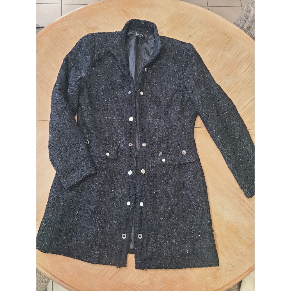 SAOPAULO Tweed Jacket Women 10 Black Good Ruffle Metallic Longline Blazer